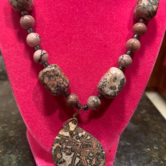 NEW - OPAQUE RHODONITE ENHANCER WITH BEADED 18” NECKLACE with (.925) STERLING - Picture 5 of 7